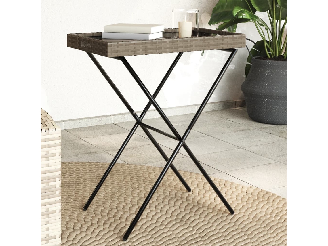 Mesa Jardín | Mesa De Exterior | Mesa Con Bandeja Plegable Ratán Sintético Gris 65x40x75 Cm
