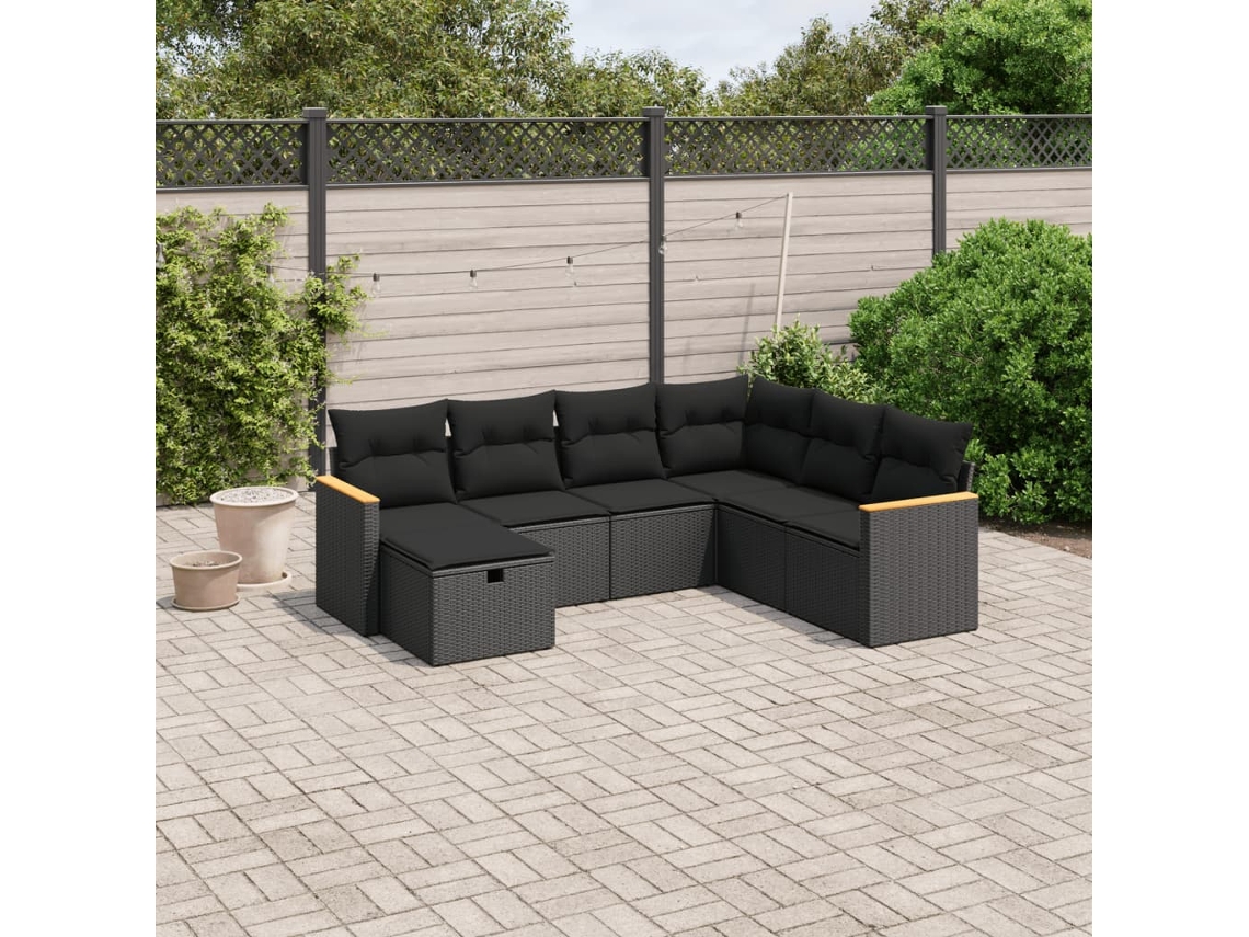Conjunto de sofá de jardín de 7 piezas con cojines, ratán negro, Dkd Home Decor