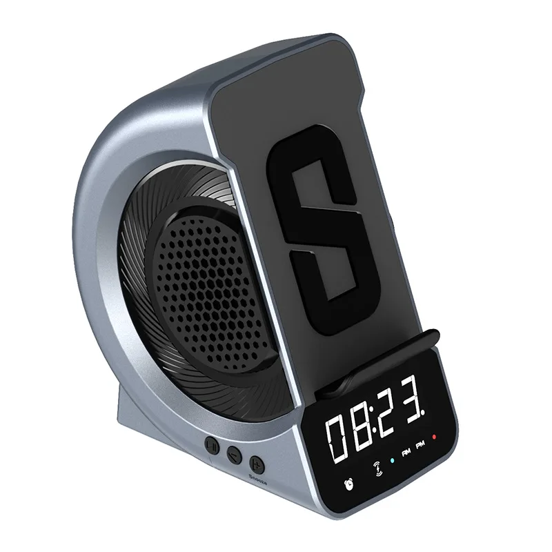 (azul) Altavoz Bluetooth De Carga Inalámbrica Con Pantalla De Reloj Y Alarma, Radio Y Soporte Para Teléfono.