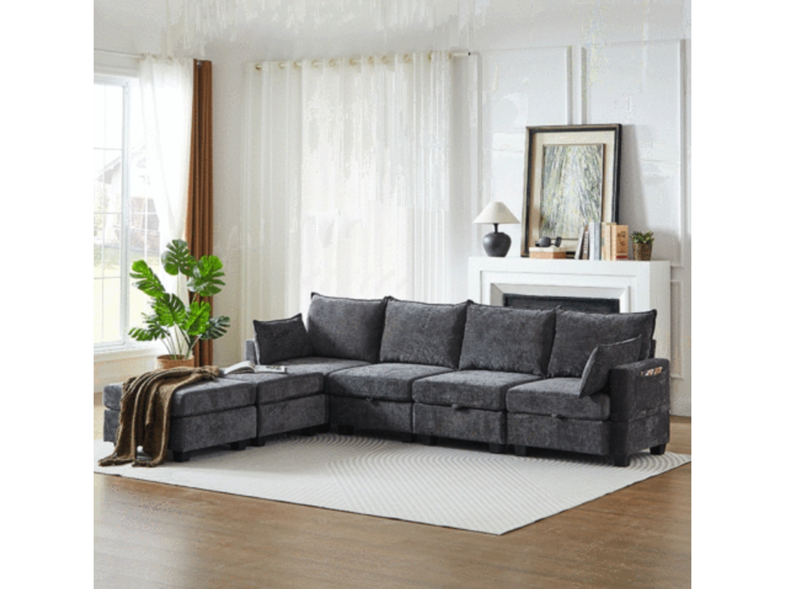 Sofá Modular 6 Plazas - Chenilla, Forma De U, Con Almacenamiento Y Chaise Longue - Gris