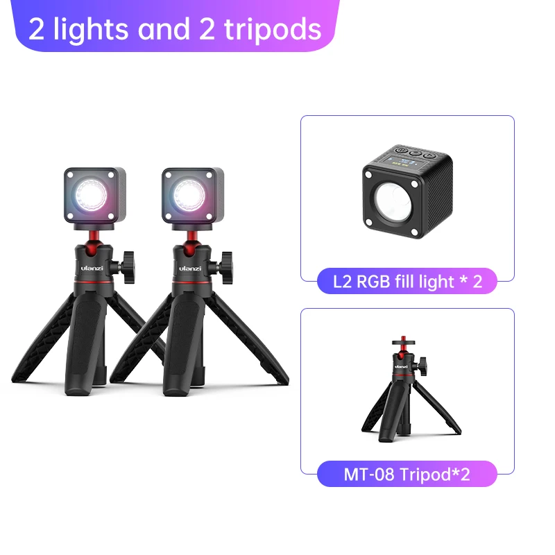 Luz LED COB RGB L2 con ajuste de brillo continuo, pantalla LED, magnética, mini luz de relleno para vlogs, 2 luces + 2 trípodes MT08