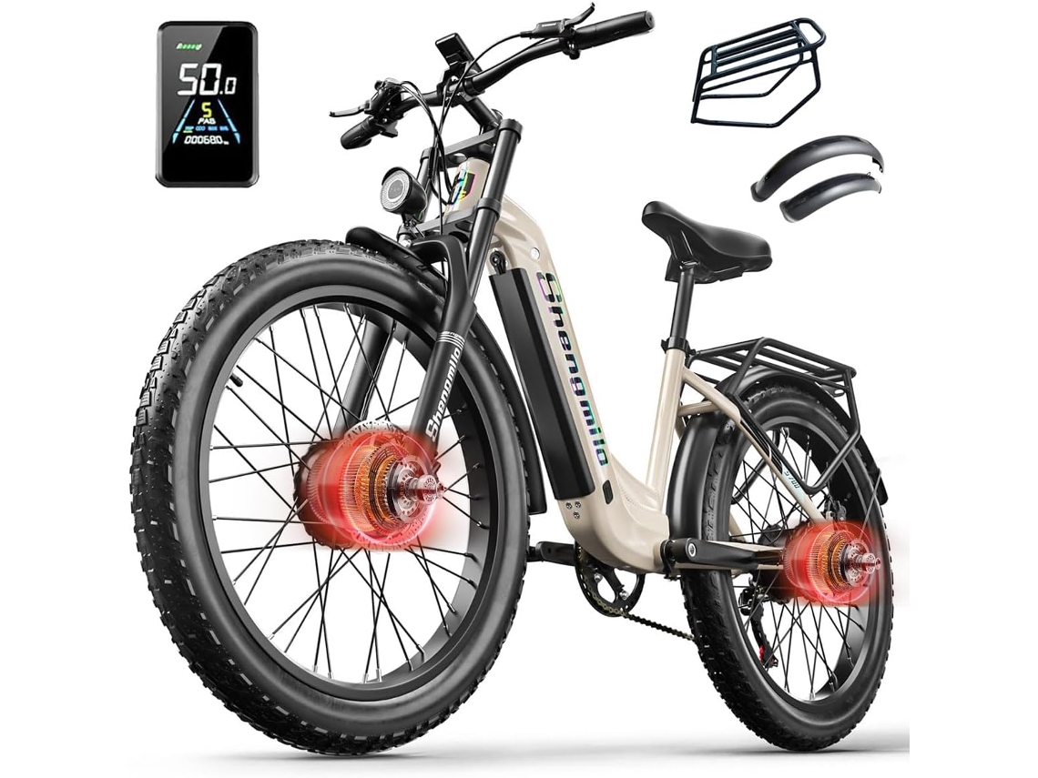 Bicicleta eléctrica Shengmilo S700 con dos motores de 2*1000 Wh, neumáticos anchos de 2,26*3,0 y batería de iones de litio extraíble de 48 V y 840 Wh.