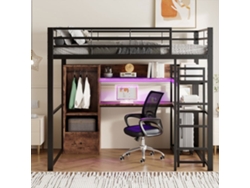 Cama Alta 140x200cm - Cama De Metal Con Led, Escritorio, 1 Cajón, Estantes, Barandilla, Escalera, Sin Colchón - Negro