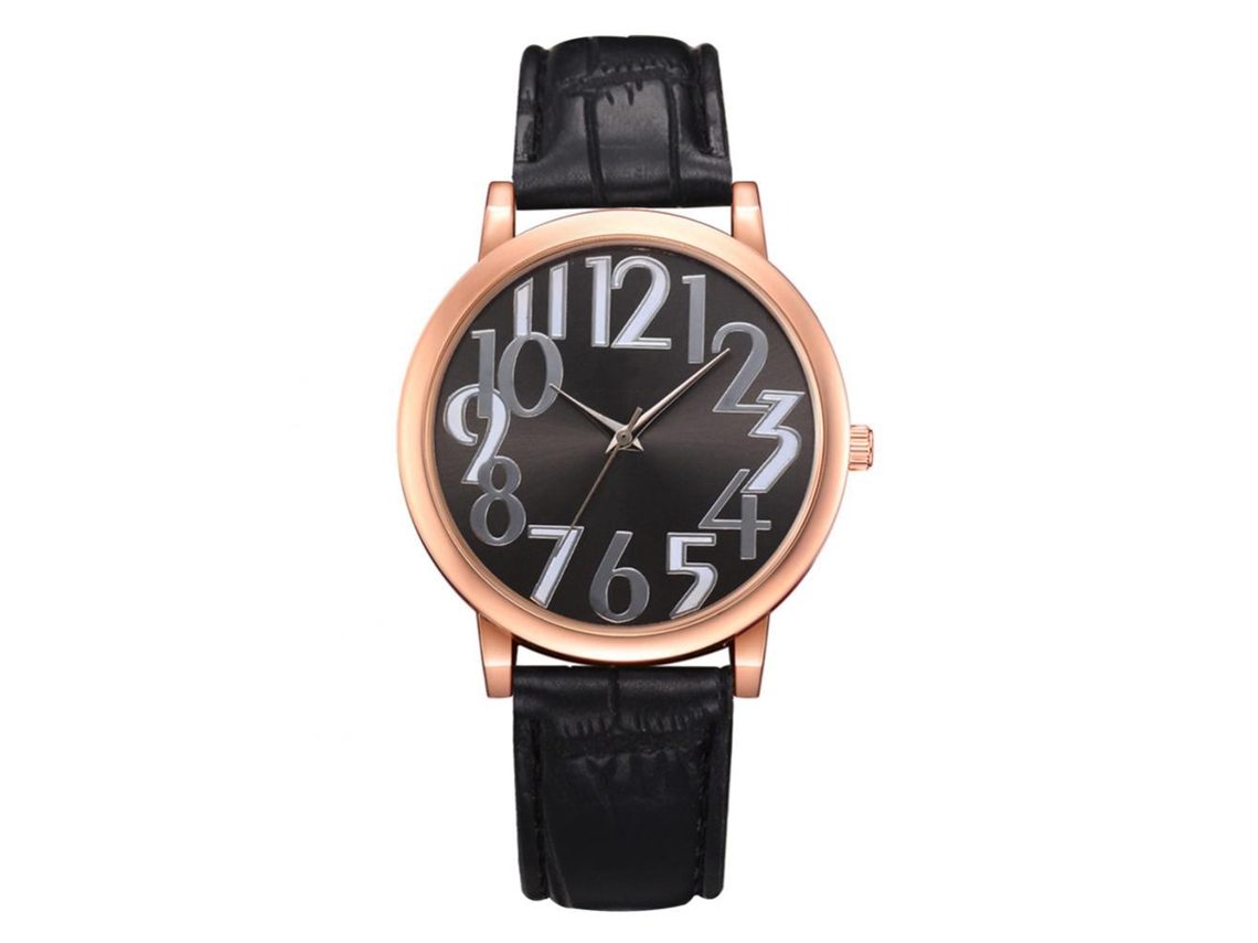 Reloj De Pulsera De Aleación Con Esfera Redonda Y Correa De Piel Sintética (negro)