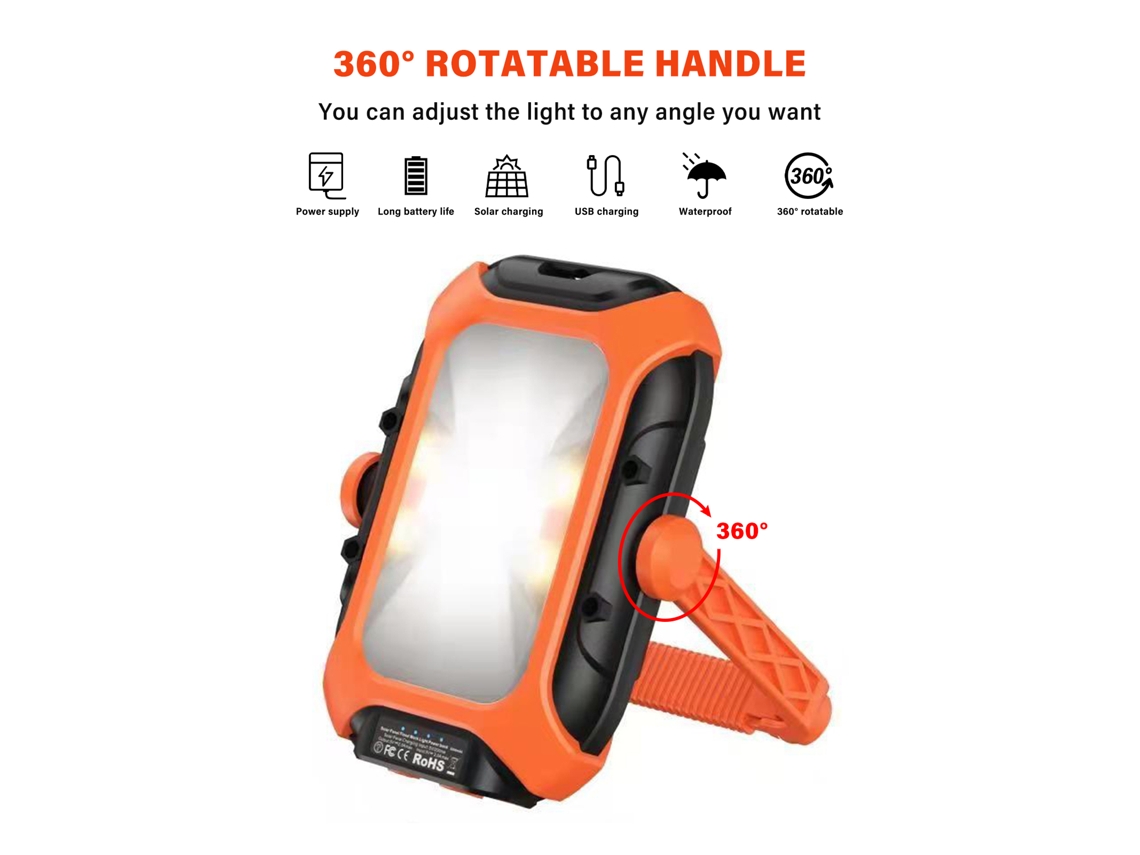 Luz de camping solar USB impermeable con 5 modos y rotación de 360°.
