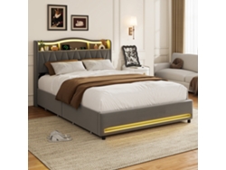 Cama Doble Tapizada 160x200 Gris | Espacio De Almacenamiento, Led, Usb, Somier De Láminas, Cabecero, Terciopelo, Sin Colchón