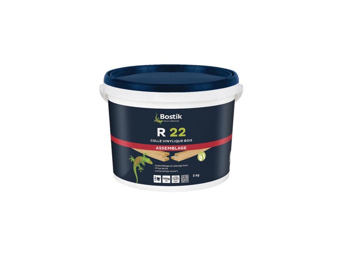 Cola para madera R22 Especial D1 Fraguado lento Uso interior Excelente resistencia al desgarro Blanco Cubo de 5 kg BOSTIK