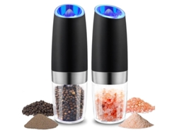 Molinillo eléctrico de sal y pimienta con luz LED azul, funciona con pilas, alimentación por gravedad ajustable.