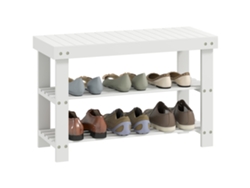 Banco Zapatero De Bambú Con Asiento, 2 Estantes, Capacidad Para 6 Pares, Color Blanco.