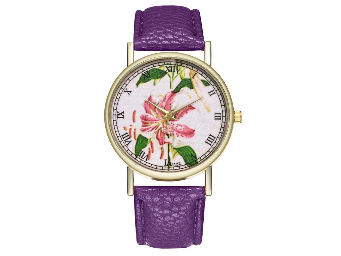 Reloj Analógico De Cuarzo Para Mujer Con Correa De Pu Con Estampado Floral (morado)