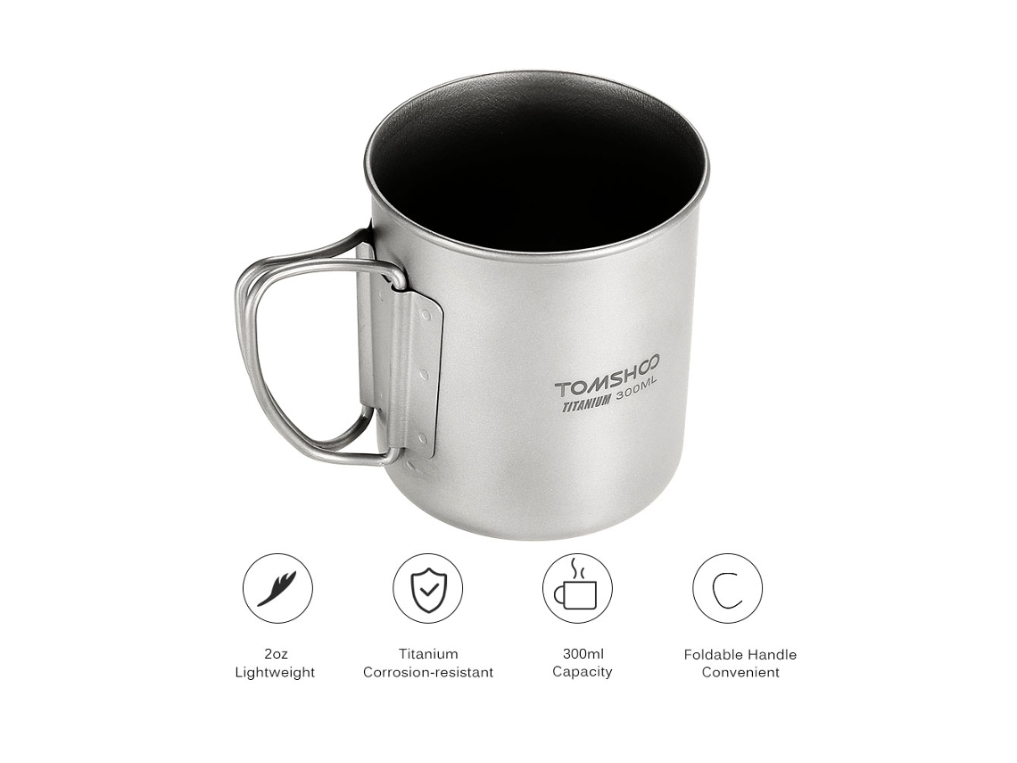 Vaso portátil de titanio Anub Tomshoo de 300 ml con asa plegable para acampadas y picnics al aire libre.