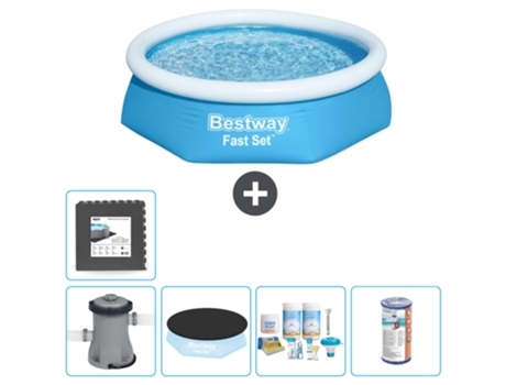 Piscina hinchable redonda Fast Set BESTWAY - 244 x 61 cm - Azul - Bomba incluida Cubrir - Paquete de mantenimiento - Filtrar - Baldosas