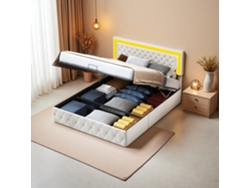 Cama De Matrimonio 160x200 Cm, Tapizada Con Iluminación Led Y Función Almacenaje, Para Adolescentes Y Adultos, Terciopelo Beige