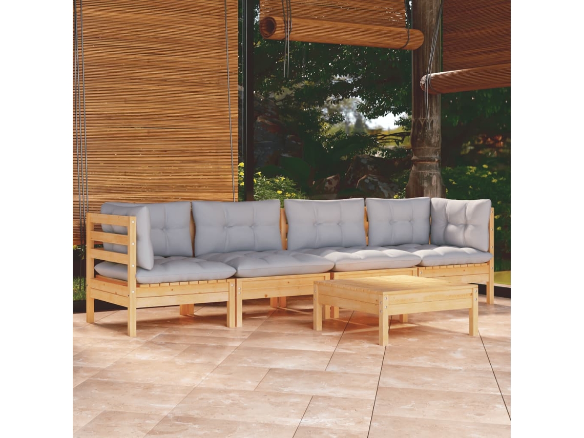 Conjunto de jardín de 5 piezas con cojines de pino macizo gris DKD Home Decor
