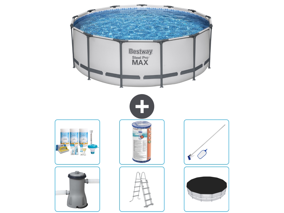 Piscina BESTWAY Round Steel Pro MAX - 396 x 122 cm - Gris - Bomba incluida - Escalera - Cobertor Paquete de mantenimiento - Filtrar - kit de limpieza