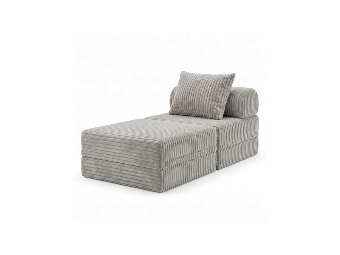Sofá Modular 1 Lugar + Puff  Convertible Veludo Listado Cinza