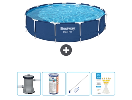 Piscina BESTWAY Round Steel Pro - 396 x 84 cm - Azul - Bomba incluida Filtrar - kit de limpieza - Tiras de prueba