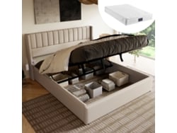 Cama Hidráulica Con Espacio De Almacenamiento, 140x200 Cm, Base De Láminas De Madera/metal, Tapizada En Tela De Lino Beige Con Colchón.