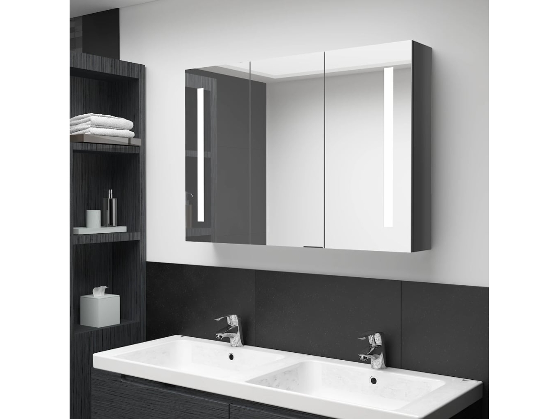 Armario de baño con espejo e iluminación LED, 89x14x62cm, gris brillante.