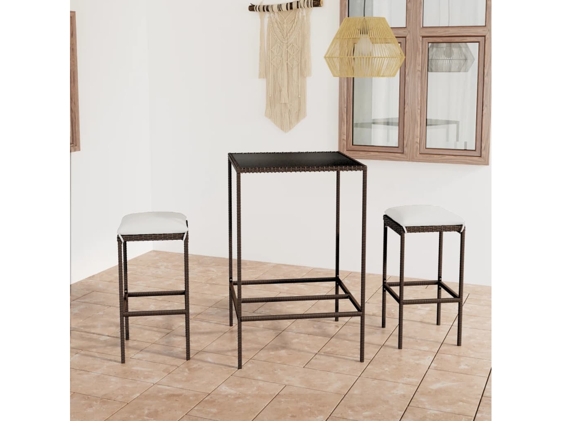 Conjunto de bar de jardín de 3 piezas con cojines de mimbre marrón de DKD Home Decor