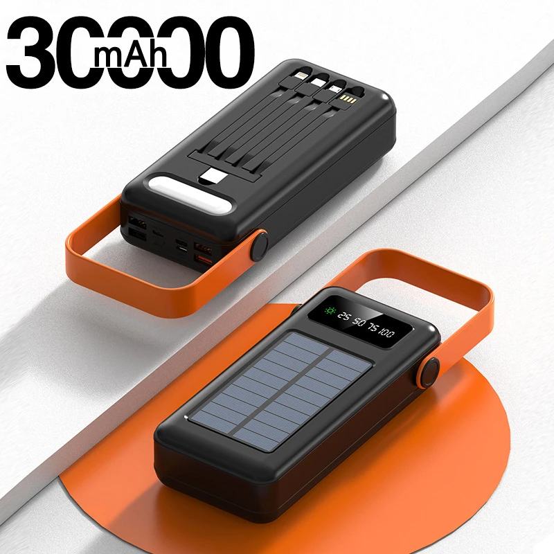(30000 Mah Negro) Banco De Energía Con Energía Solar, Cable De Carga Incorporado, Cargador Portátil, Paquete De Batería Externa.