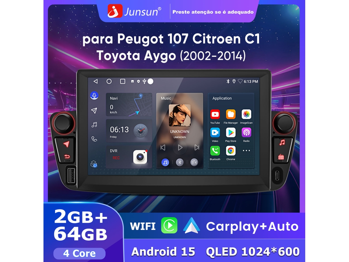 Radio para coche Hexinex Android 15 para Peugeot 107, Citroën C1 y Toyota Aygo (2002-2014) con 2+64 GB de almacenamiento y Wi-Fi.