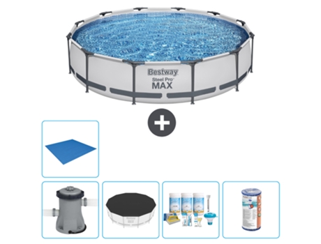 Piscina BESTWAY Round Steel Pro MAX - 366 x 76 cm - Gris - Bomba incluida Cubrir - Paquete de mantenimiento - Filtrar - Suelo