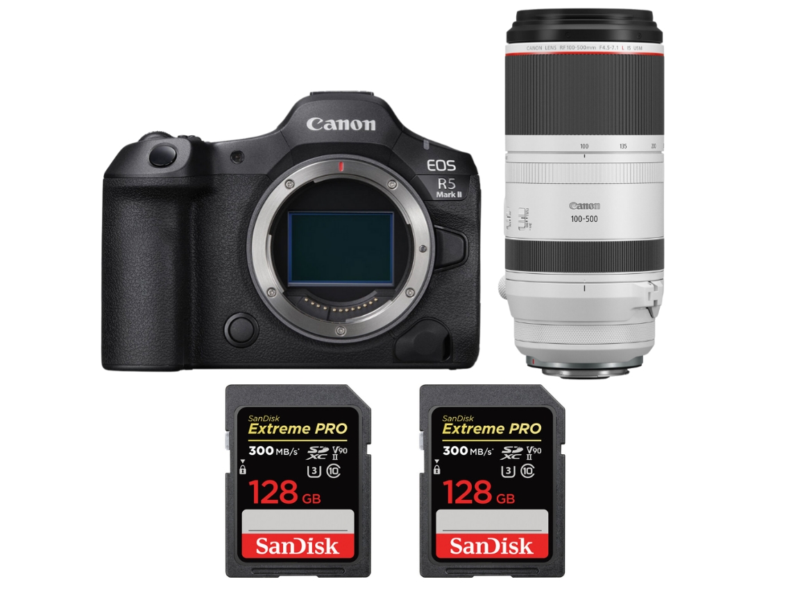 Canon EOS R5 Mark II + RF 100 500mm F/4.5 7.1 L IS Usm + 2 Sandisk 128GB UHS II 300MB/s + Libro electrónico “20 consejos para fotos impresionantes”