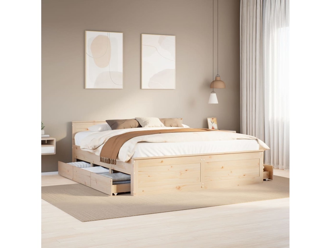 Cama Sin Colchón Con Cabecero Madera Maciza De Pino 200x200 Cm