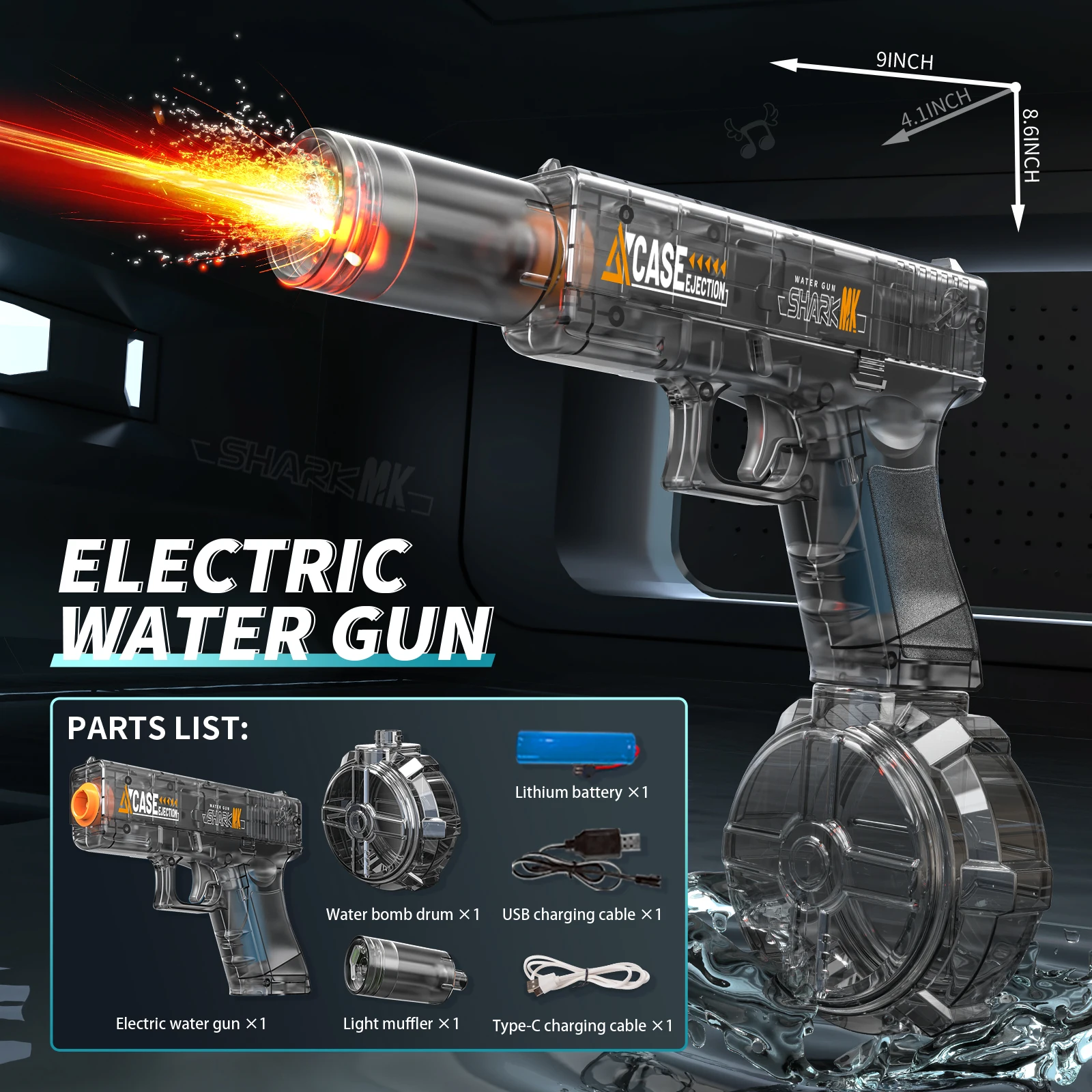 Pistola de agua eléctrica de juguete para niños con simulación de lanzamiento y retroceso, con sensor de luz automático. Mdug (gris)