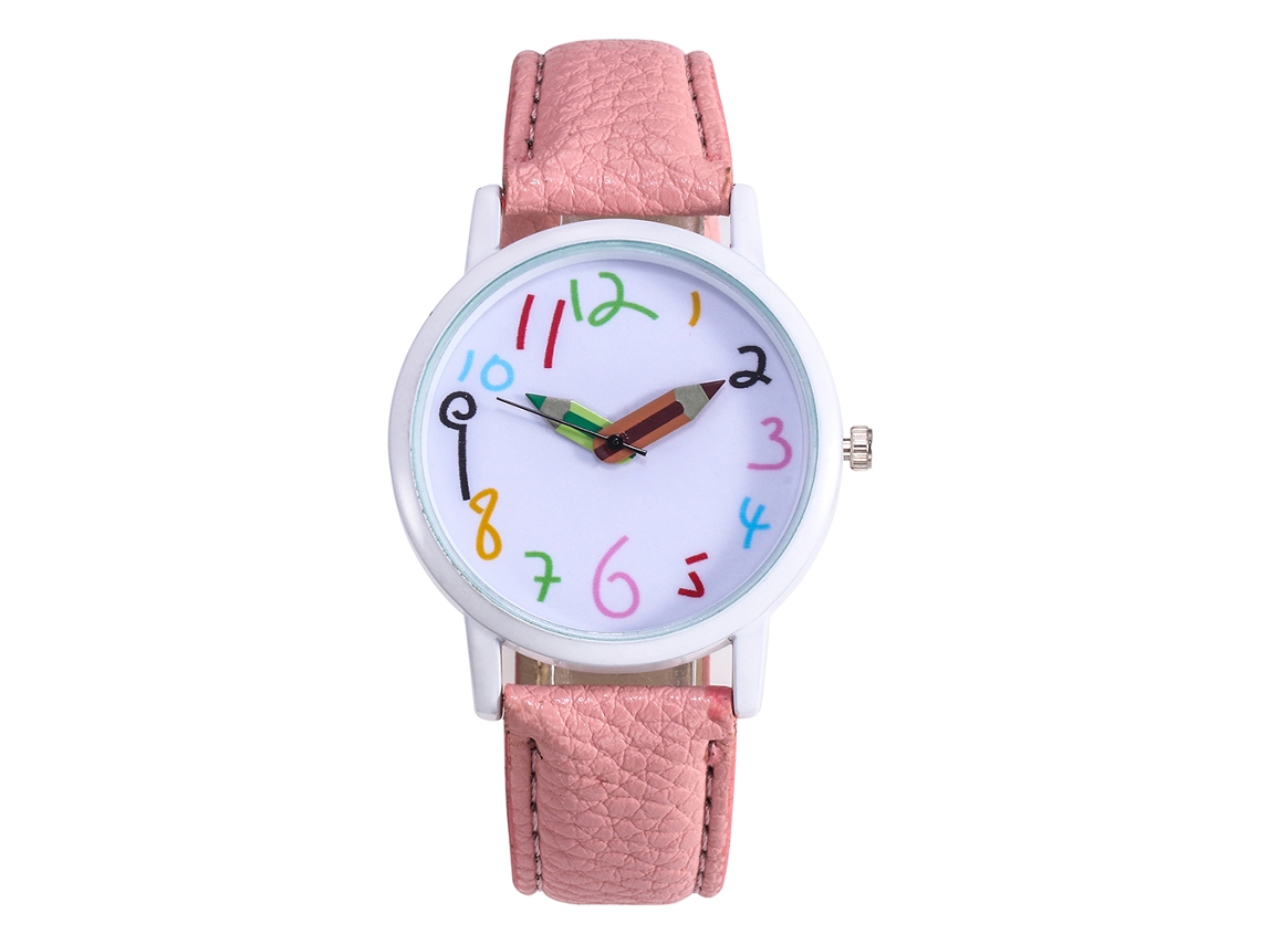 Reloj Niño De Cuarzo Con Correa Pu Y Aguja Lápiz, Caja Blanca, Rosa