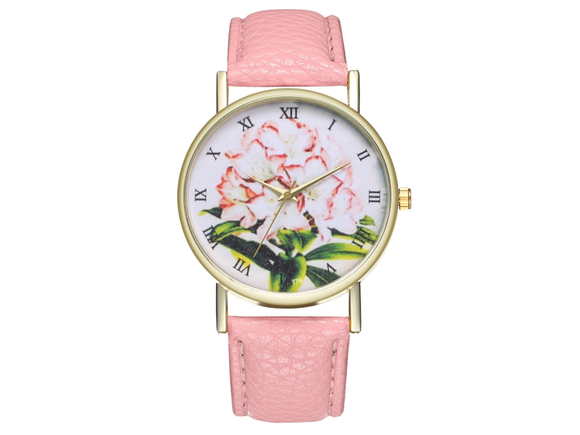Reloj De Pulsera De Cuero Con Patrón De Plantas Moda Cuarzo Unisex (rosa)