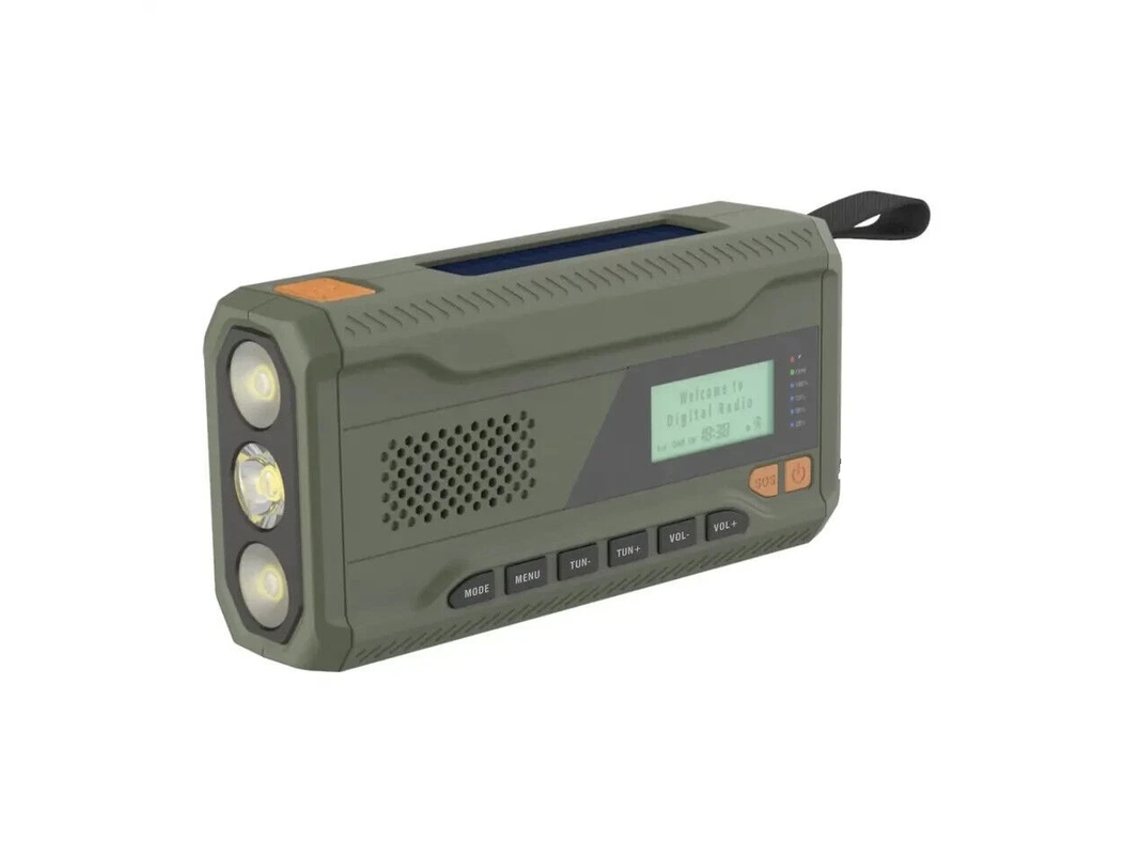 Linterna solar portátil ELORY WR6 verde con radio FM, SOS y Bluetooth.