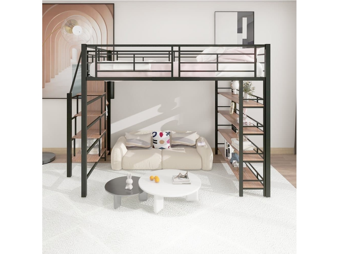 Cama Entresuelo 140x200 Cm - Con Pequeño Armario Y Estantes De Almacenamiento - Negro
