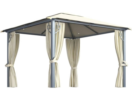 vidaXL Cenador con cortina y tira de luz LED aluminio crema 300x300cm