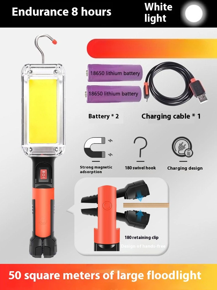 Reflector COB - Recargable, utiliza 2 baterías 18650, portátil, con clip de sujeción, resistente al agua.
