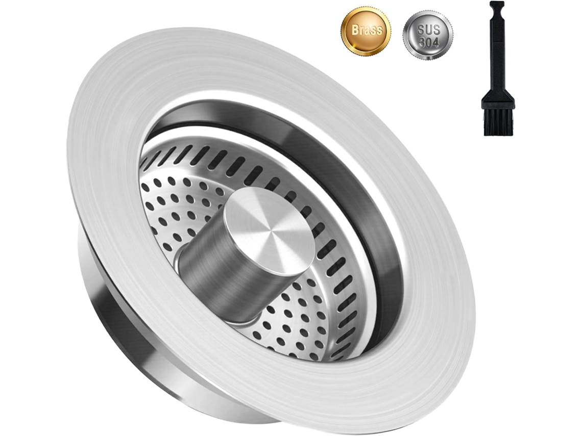 Colador de fregadero con tapa emergente, colador universal 3 en 1 mejorado con cesta antiobstrucción, colador de acero inoxidable y cepillo.