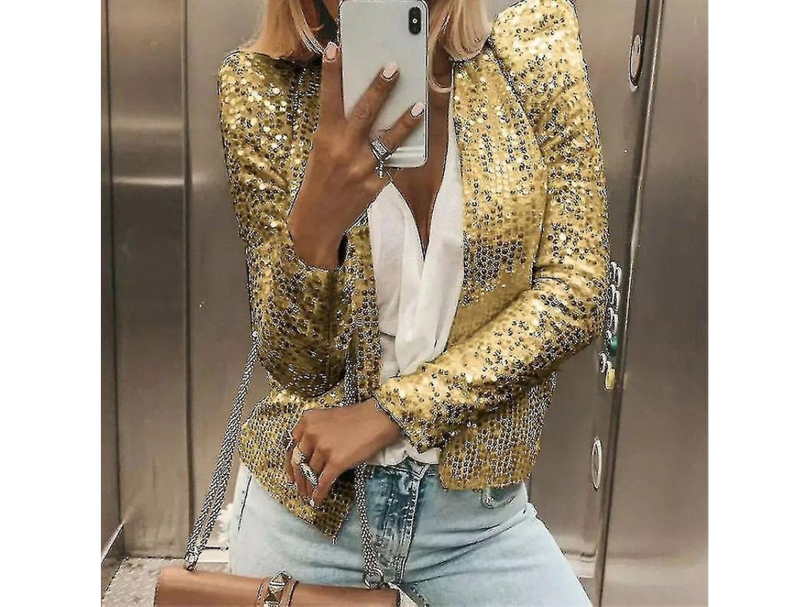 2026-chaqueta Casual Para Mujer Con Mangas Largas Y Lentejuelas Brilliantes, Abertura Delantera Y Cropped