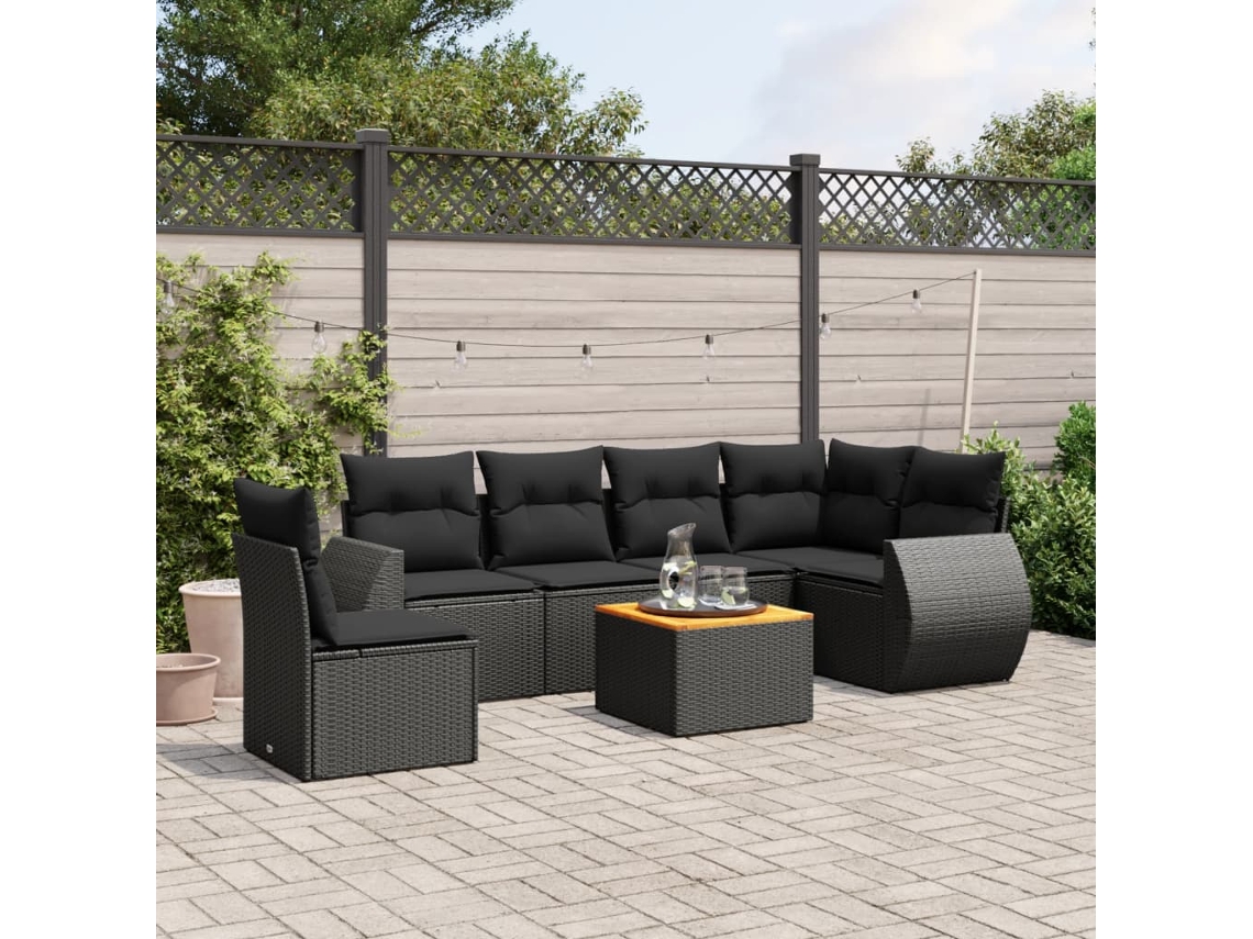 Conjunto de sofá de jardín de 7 piezas con cojines, ratán negro, Dkd Home Decor