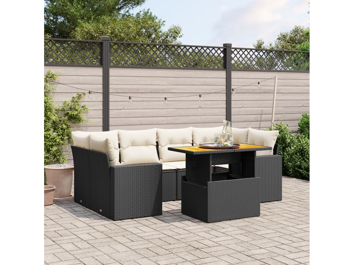 Conjunto de sofá de jardín de 7 piezas con cojines, ratán negro, Dkd Home Decor