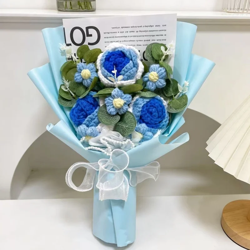 (azul) Buquê De Rosas Artificiais De Crochê - Presente Criativo Para O Dia Dos Namorados
