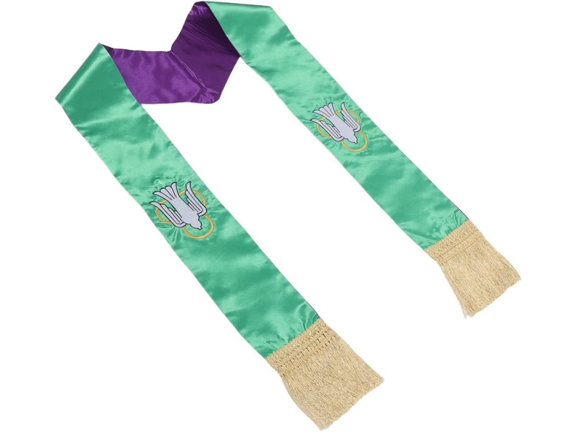 Estola pastoral reversível com borlas, 86 cm, em Cetim Roxo e Verde com cruz bordada.