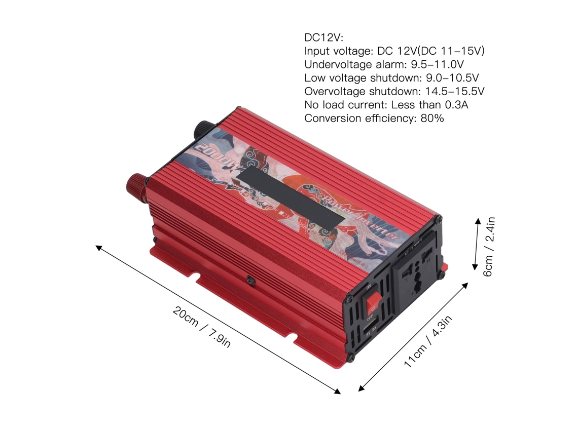 Inversor solar automotriz de 2000 W con pantalla LCD y ventilador, de 12 V CC a 110 V CA, onda sinusoidal modificada