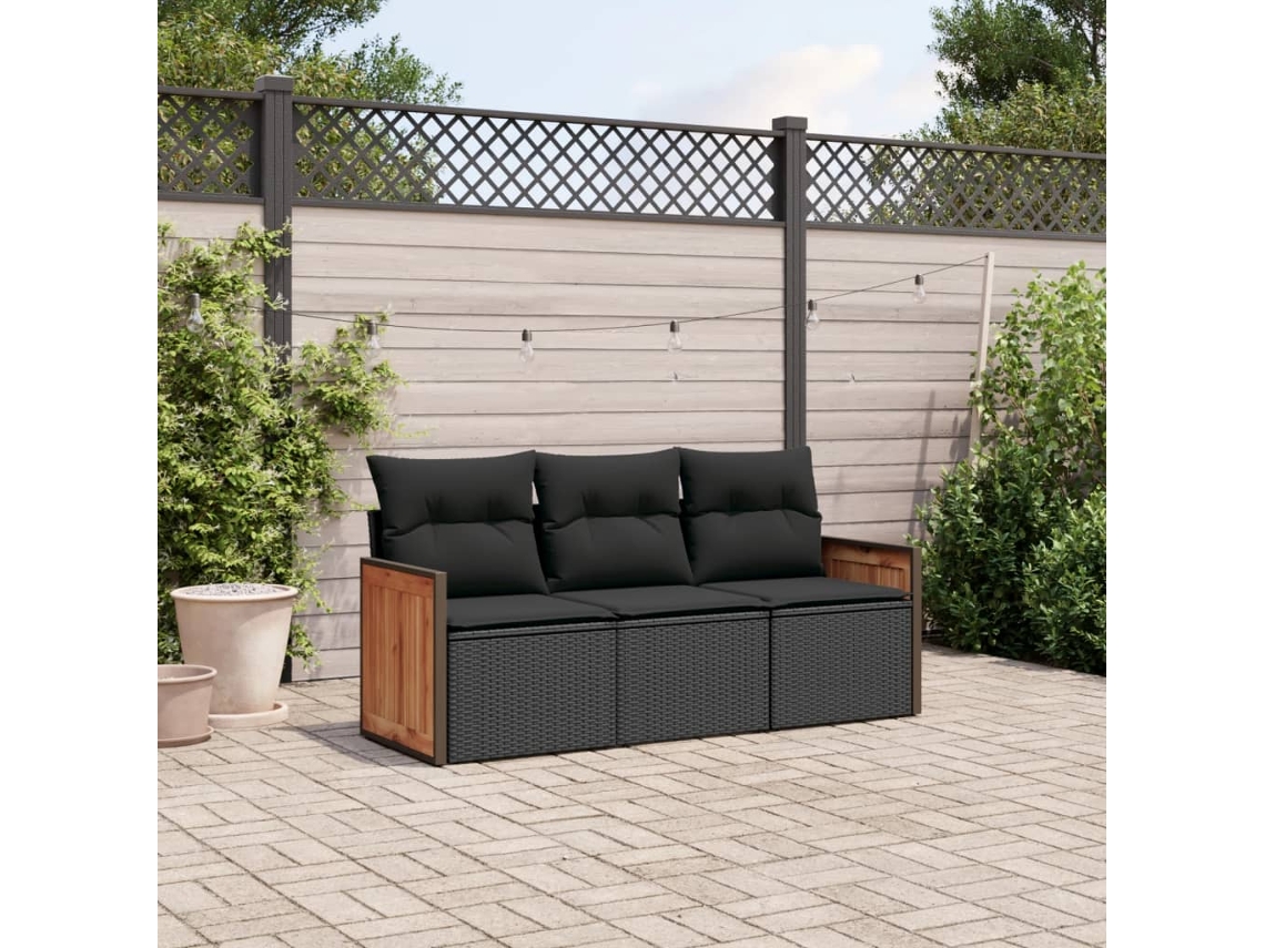 3 Pcs Conjunto Sofás De Jardím Com Almofadões Vime Pe Preto Dkd Home Decor