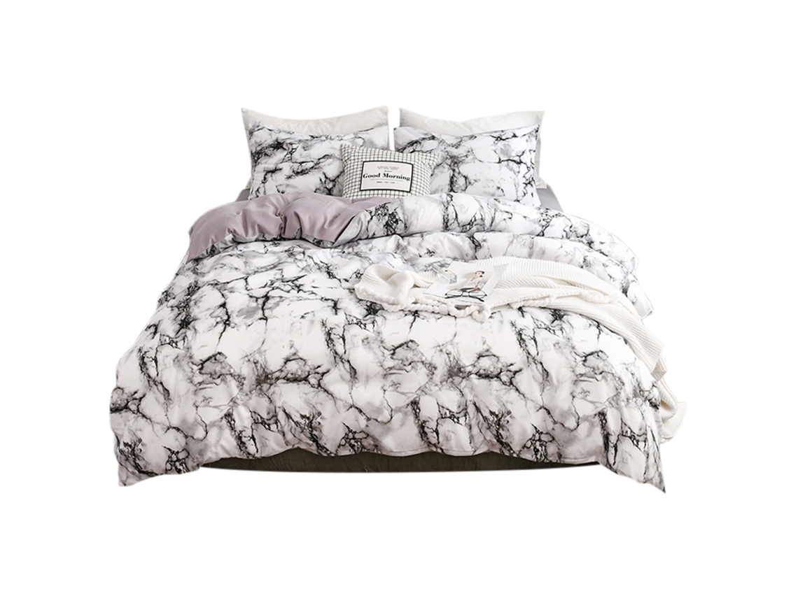 2026-3 Piezas Conjunto De Edredón Y Fundas De Almohada De Poliéster Marmoleado Talla Doble Eu (blanco)