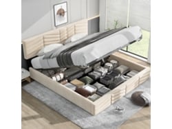 Cama Doble De 160x200 Cm Con Almacenamiento Hidráulico, Cabecero Regulable, Estilo A Rayas, Terciopelo Beige.