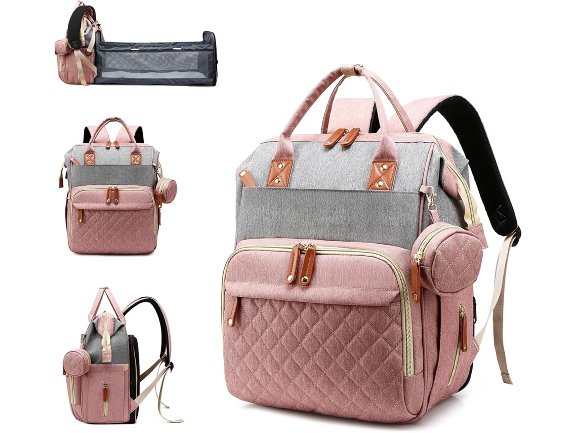 Mochila de maternidad de gran capacidad, impermeable, para mamá y bebé, plegable, cambiador y mochila para pañales Cuich (rosa y gris)
