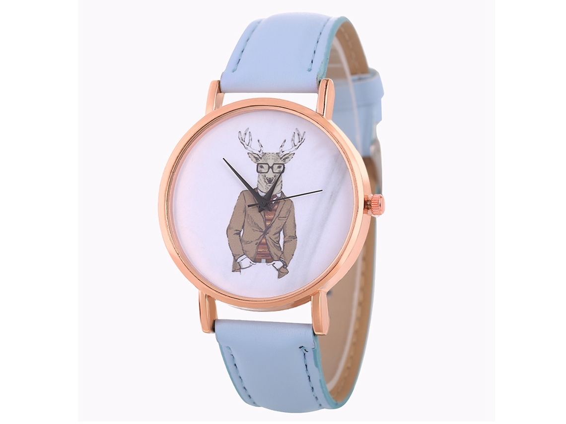 Reloj Unisex Para Parejas Zhoulianfa Con Correa De Pu Con Estampado De Ciervo Azul Claro.