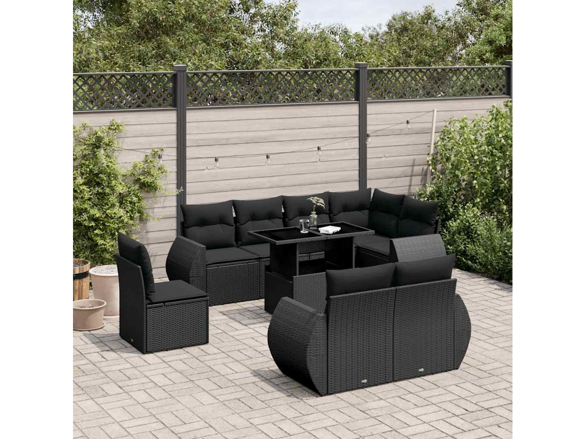 Conjunto de sofá de jardín de 9 piezas con cojines, ratán negro, Dkd Home Decor