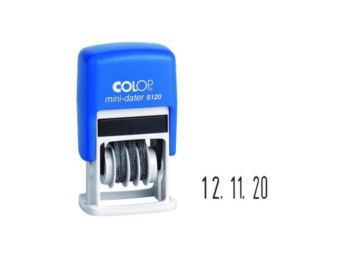 Mini Dater S 120 Sello de fecha autoadhesivo de 4 mm con mango azul Colop